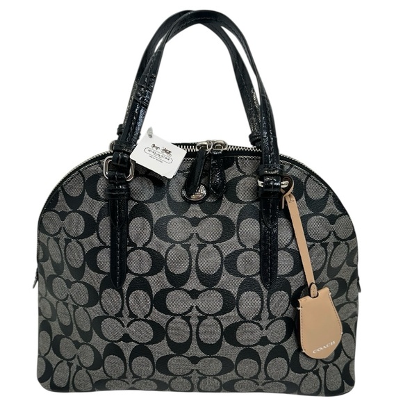 Coach 2014 Peyton Signature Cora Domed Satchel Bag Black Grey Leather NWT - Picture 2 of 11